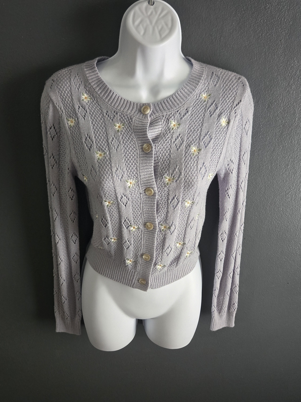 Pink Rose Lavender Daisy Pointelle Embroidered Grandmacore Knit Cardigan Small
